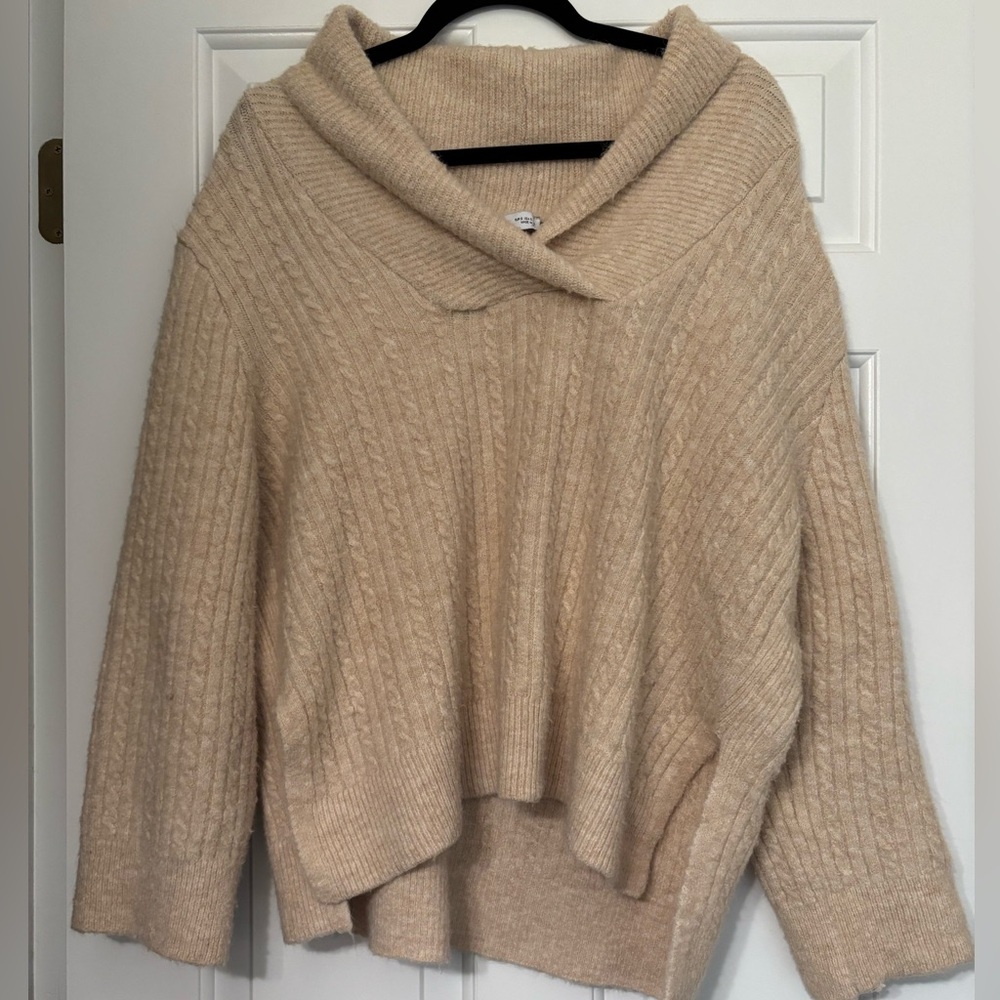 ZARA Beige Shawl Collar Cable Knit Sweater